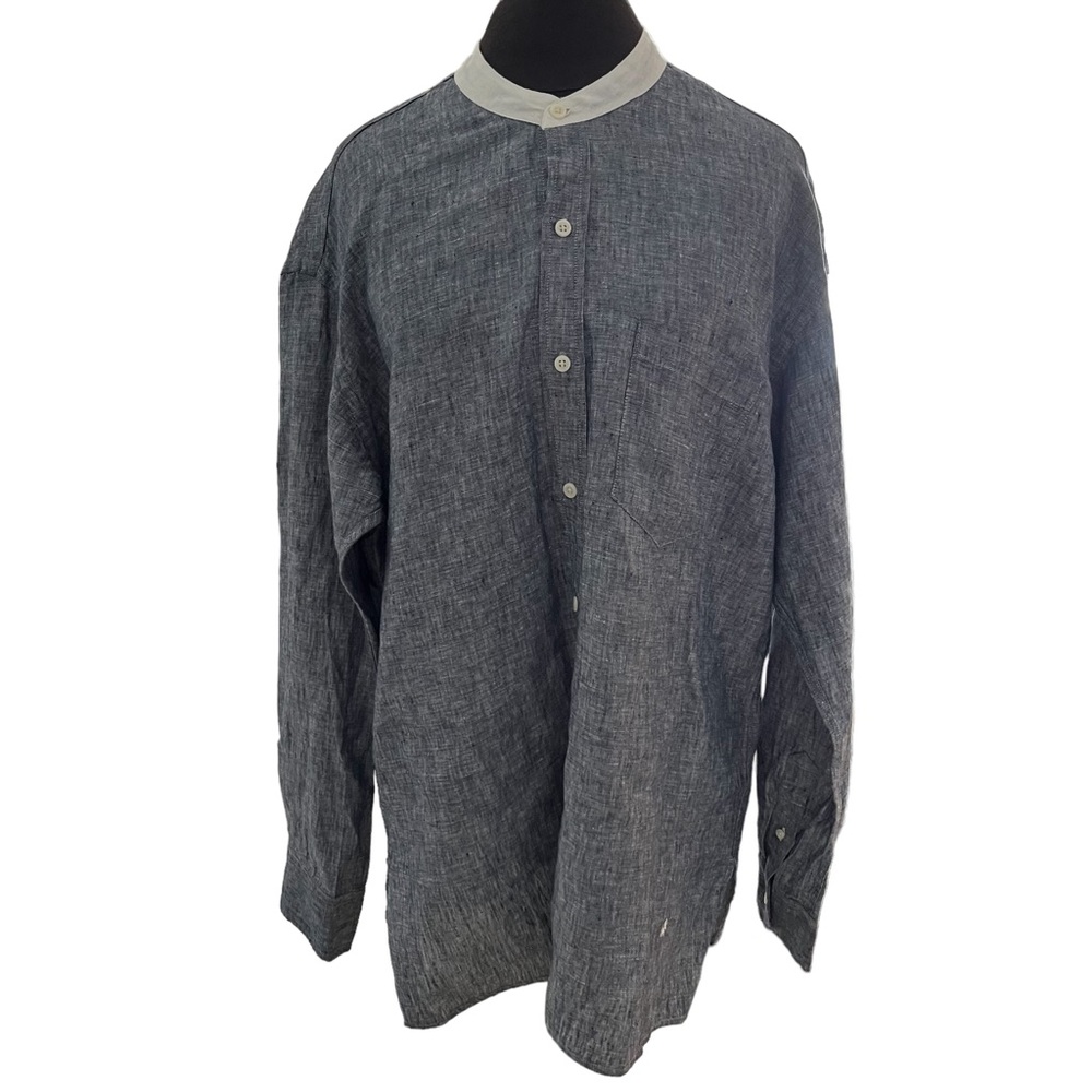 Felix Blue Linen Collarless Shirt Oversized Medium Long Tail